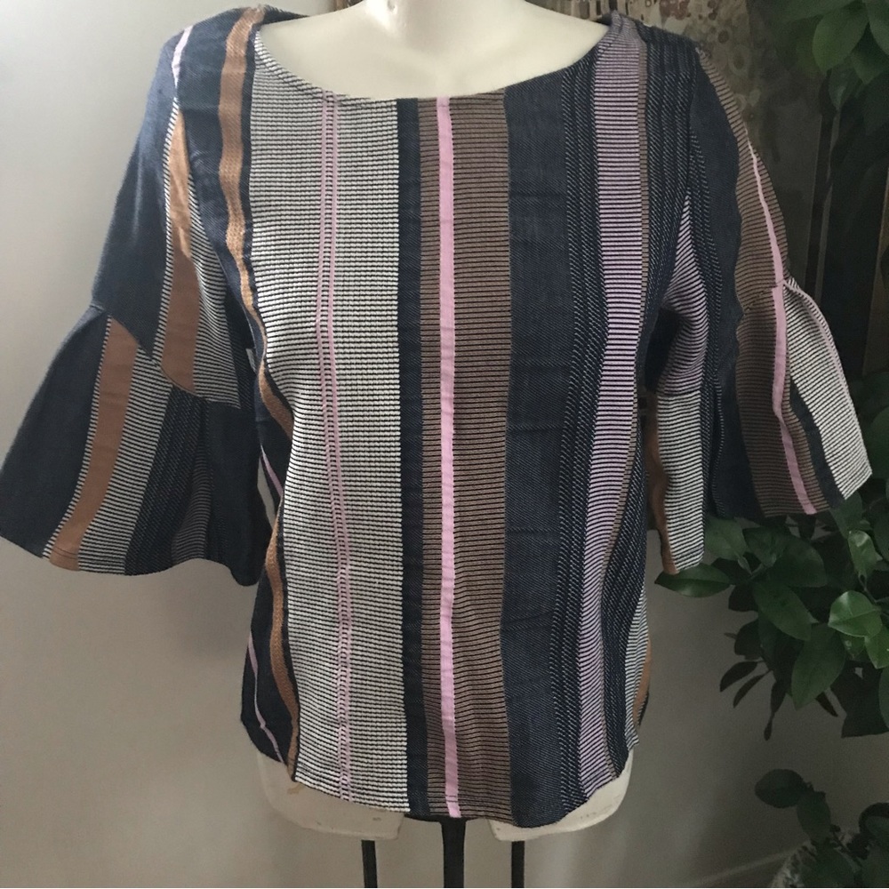 Anthropologie Striped Bell-Sleeve Top in Navy, Pink & Tan